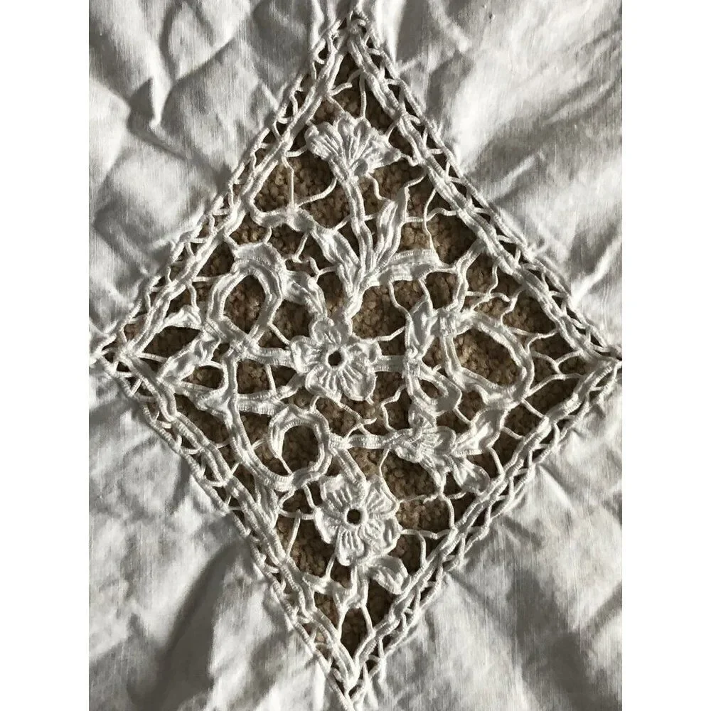 Vintage Hand Embroidered Pillowcase White Cut Work 28” x 18”
